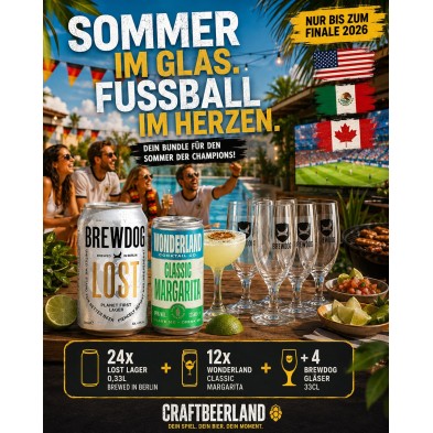 CraftBeerLand Lagerita football summer 2026 bundle with BrewDog Lost Lager, Wonderland Classic Margarita and BrewDog glasses