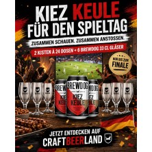 BrewDog Kiez Keule football summer 2026 pack with 2 cases of 0.33L beer and 6 BrewDog glasses.