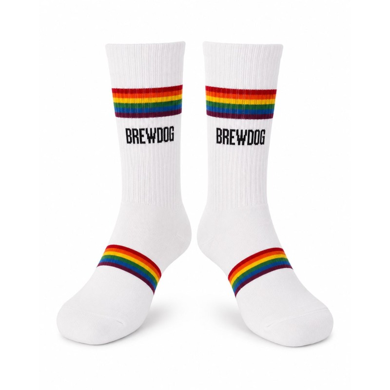 BrewDog Hoppy Pride white socks with rainbow stripes
