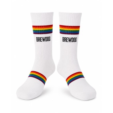 Calcetines BrewDog Hoppy Pride blancos con franjas arcoíris