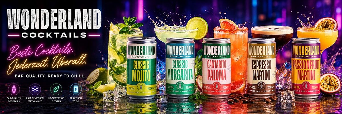 Wonderland Cocktail cans: Mojito, Margarita, Paloma, Espresso Martini and Passionfruit Martini