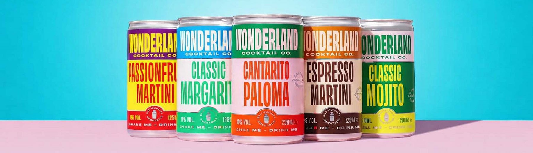 Latas Wonderland Cocktails de Passionfruit Martini, Margarita, Paloma, Espresso Martini y Mojito