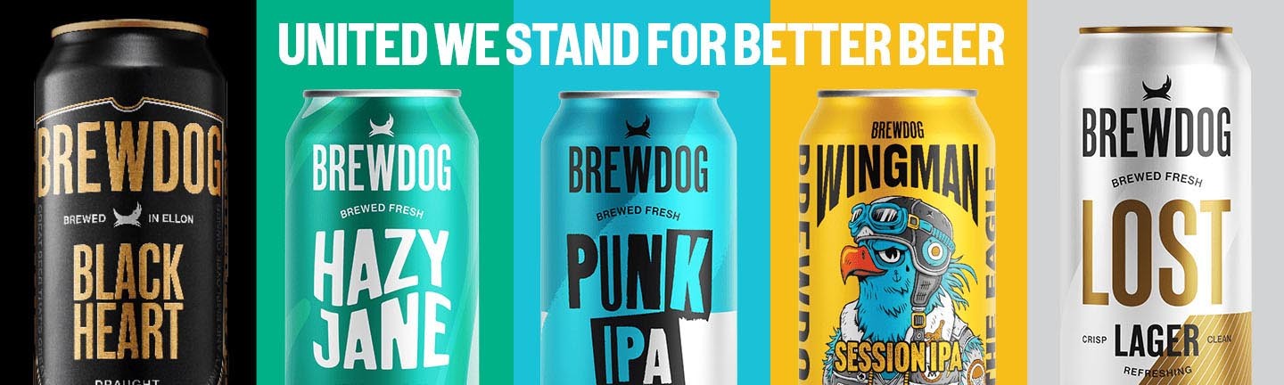 Latas de cerveza BrewDog Black Heart, Hazy Jane, Punk IPA, Wingman y Lost Lager