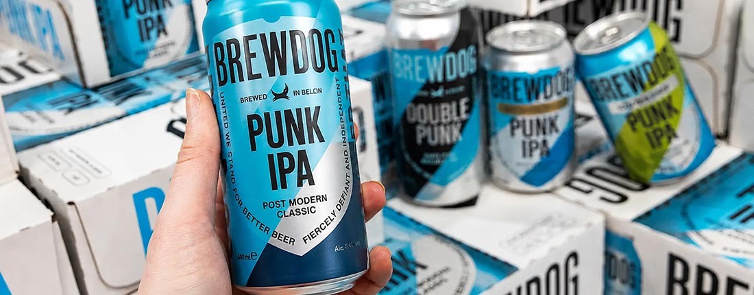 BrewDog Punk IPA can in front of BrewDog beer boxes